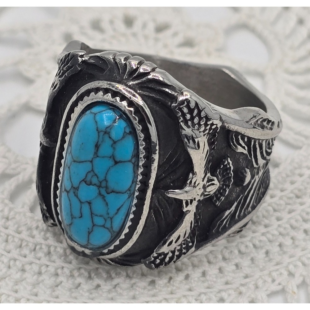 Mens Biker Eagle Blue Stone Ring Men Stainless Steel Size 11